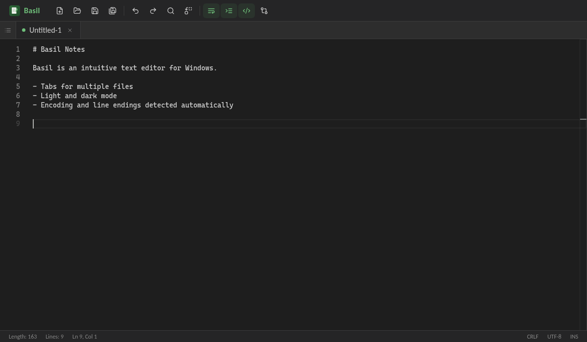 The Basil editor window in dark mode with a toolbar, a file tab, line numbers, and a short note being edited.