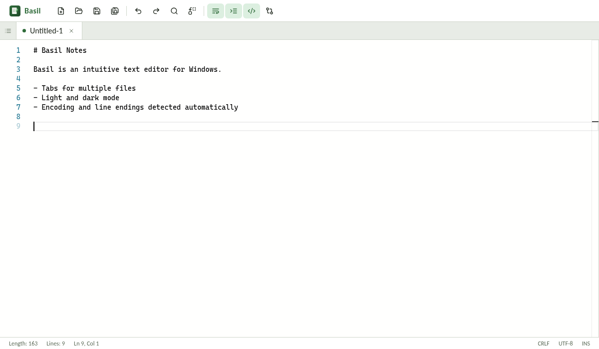 Basil in light mode editing a short Markdown note.