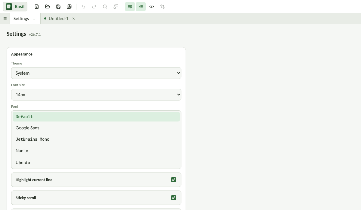 The Basil Settings tab with theme, font size, and font choices.